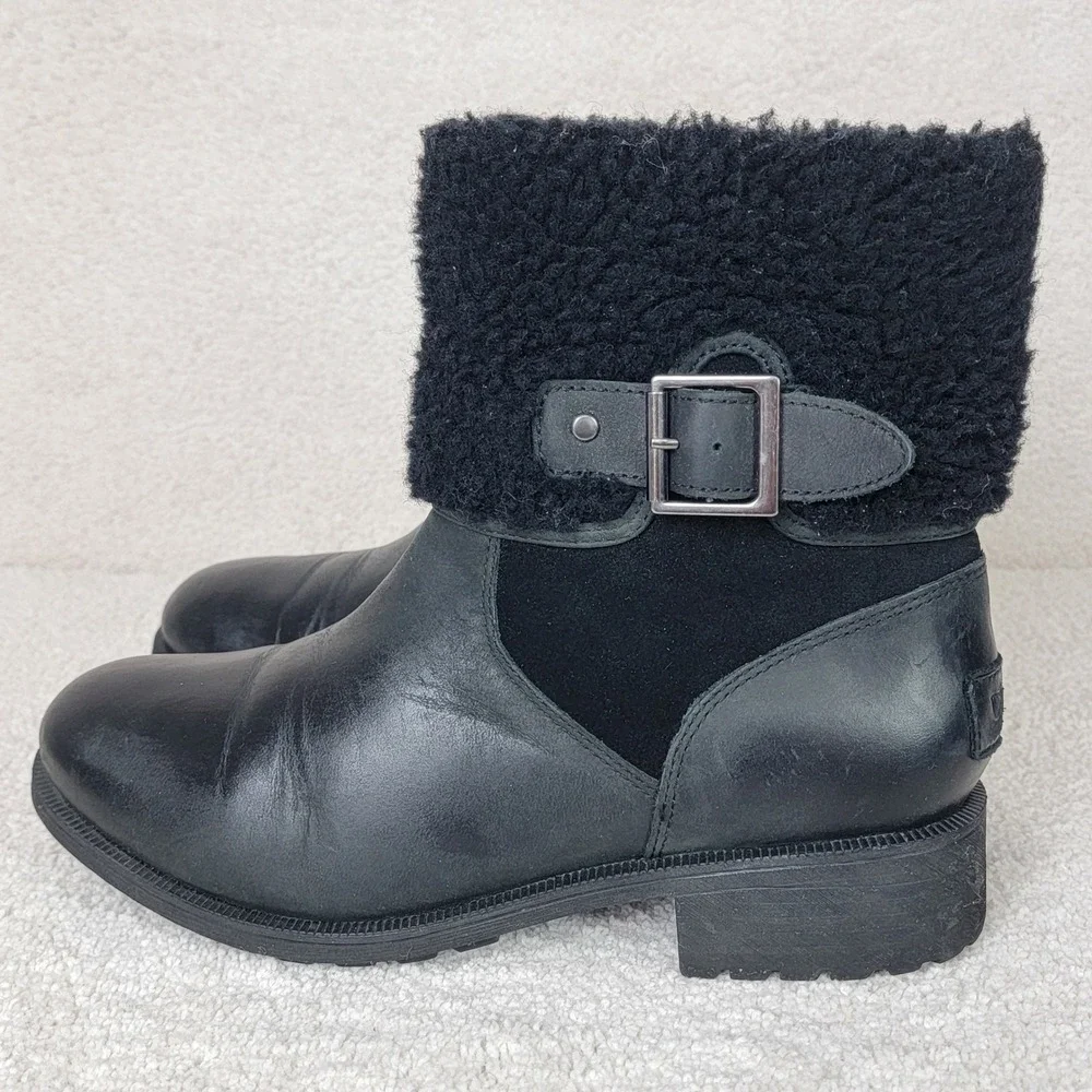 UGG‎ Women's 9 Elings Black Leather Shearling Gorpcore Moto Waterproof Boots